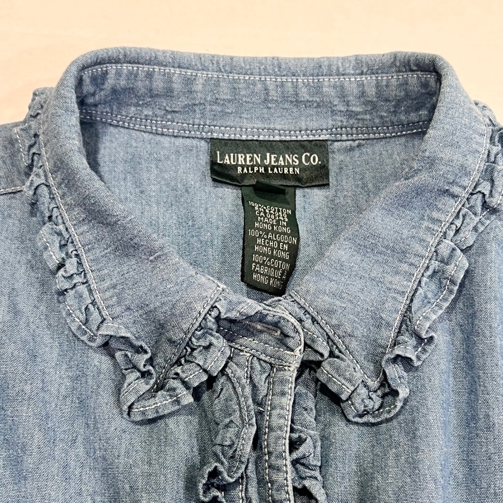 Lauren Ralph Lauren Denim Ruffle Shirt Womens 2X Blue Cotton Long Sleeve Blouse - Picture 8 of 13